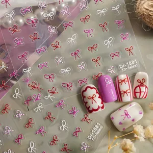 5D geprägte Schleife Nagelkunst Aufkleber rosa weiß rote Bänder Maniküre Abziehbilder für