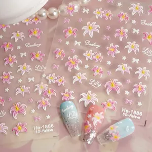 5D embossed lily flower nail art stickers set, cute DIY manicures, floral nail decals for women.