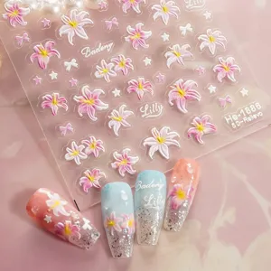 5D embossed lily nail art sticker details, featuring stereoscopic floral and bow designs.