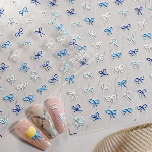 5D gepresste blaue und weiße Schleife Nagelkunst Aufkleber Detailansicht, Maniküre Dekoration