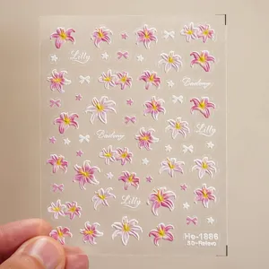 5D embossed lily flower nail art stickers with cute bows and stars for DIY manicure design.