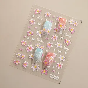 5D embossed lily nail art stickers with glitter demo tips, elegant floral design for manicure decor.