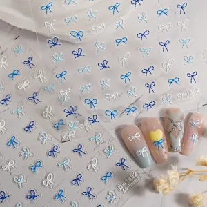 5D geprägte blaue weiße Schleife Nagelaufkleber süße selbstklebende Nail Art Sticker Maniküre