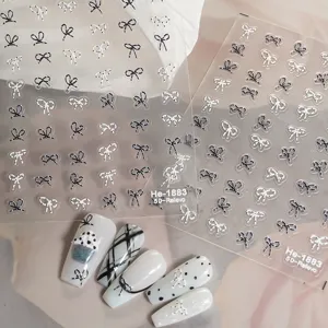 5D embossed bow nail stickers black and white cute nail art decals for manicure design