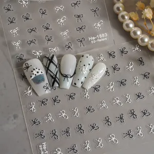 5D embossed black and white bow nail art stickers cute sweet manicure decals for women girls