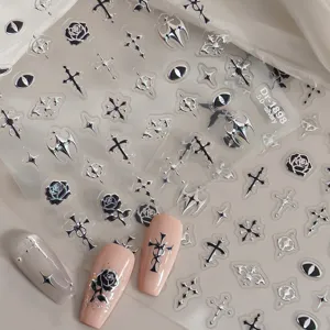 5D embossed silver cross nail stickers gothic rose punk style DIY nail art decals for women