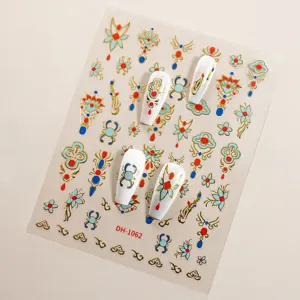 3D embossed gold foil nail art stickers, vintage palace style DIY manicure decal sheets.