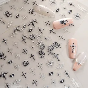 5D embossed gothic nail stickers silver cross rose nail art decals DIY manicure decorations