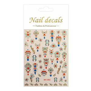 3D Gold Stamping Nail Art Stickers Vintage Red Blue Gemstone Decals DIY Manicure