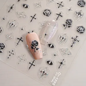 5D embossed gothic nail stickers silver metallic cross rose Y2K punk nail art decals