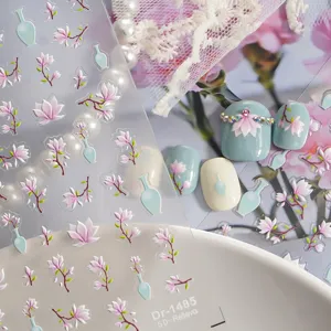 5D relief Chinese style nail art sticker detail with floral vase pattern and nail display.