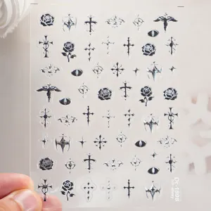 5D silver embossed gothic nail stickers sheet with cross and rose design for DIY art