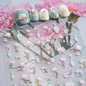 5D embossed Chinese style nail stickers featuring elegant floral and vase designs.
