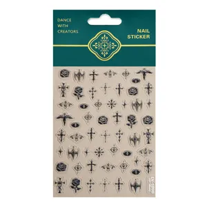 5D Embossed Gothic Cross Nail Art Stickers Decals Silver Rose Charm Manicure Accessories