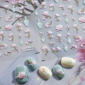 5D relief Chinese style nail stickers featuring elegant flowers and vases, delicate nail art detail.
