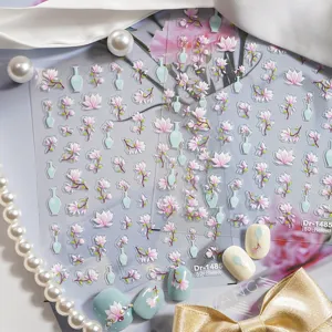 5D embossed Chinese style nail art stickers featuring elegant flower vase designs for DIY manicures.