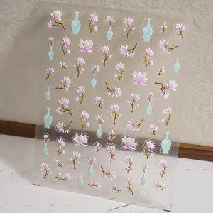 5D embossed nail art stickers featuring elegant magnolia flowers and traditional vase designs.