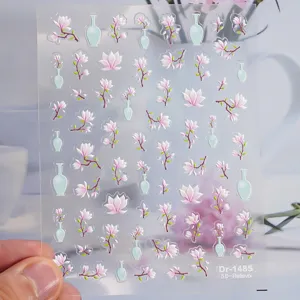 5D embossed nail stickers featuring elegant magnolia flowers and vases for stunning manicure.