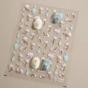 5D embossed Chinese style nail stickers featuring elegant floral and intricate vase design details.