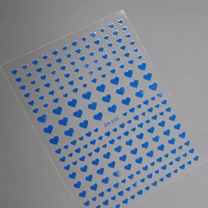 3D blue mini heart nail art stickers with adhesive, trendy cute manicure decal sheet for DIY nail design.