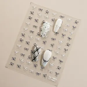 5D geprägte Schleife Nagelaufkleber, schwarz-weiße Schleifen Nagelkunst Abziehbilder.