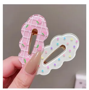 Korean style geometric cloud hair clip set, cute peach and dot acrylic duckbill clips.