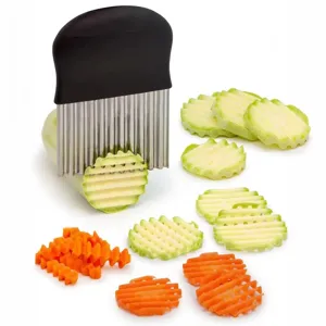 Stainless steel crinkle cutter kitchen gadget for wavy french fries and potato slicing easily.