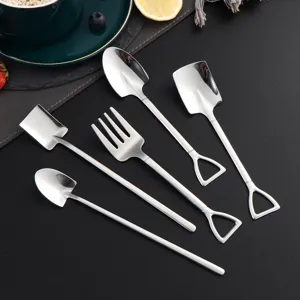 Set Cucchiaio e Forchetta in Acciaio Inossidabile a Forma di Pala Creativo Gelato Caffè Agitazione Stoviglie da Cucina