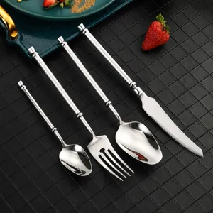 Set di posate in acciaio inossidabile con coltello da bistecca, forchetta e cucchiai.