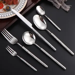 Round Diamond Hammered 304 Stainless Steel Tableware Dinner Knife Fork Spoon Kitchen Restaurant Steak Cutlery Set