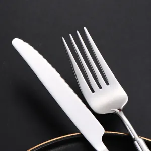 Stainless steel tableware set including high quality steak knife and dinner fork for home use.