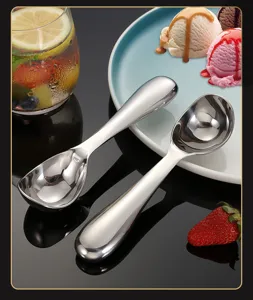 Stainless steel ice cream scoop closeup, perfect detail display for kitchen utensils.