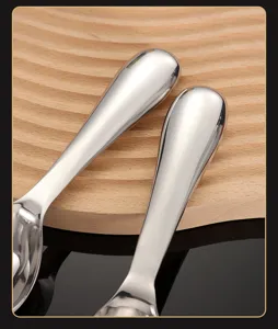 Close-up detail of stainless steel ice cream spoon handle showing polished metallic finish.