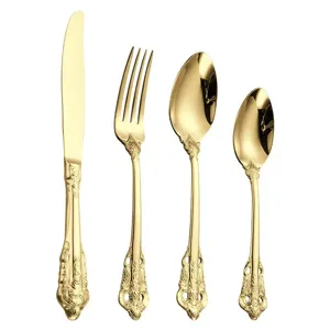Juego de cubiertos de acero inoxidable dorado con mangos con relieves vintage para mesa elegante