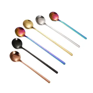 Set di cucchiai rotondi a manico lungo in acciaio inossidabile, colorati per caffè.