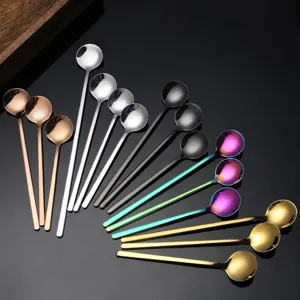 Cucchiaio a Manico Lungo in Acciaio Inossidabile Cucchiaio da Caffè Dessert Oro Argento Rotondo Mescolanza Cucchiaio per Stoviglie da Cucina