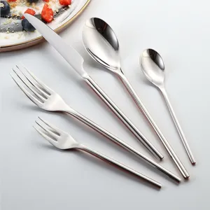 Ensemble de Couverts en Acier Inoxydable Moderne Poignée Cylindrique Couteau de Dîner Cuillère Fourchette Cuillère à Thé Vaisselle de Cuisine