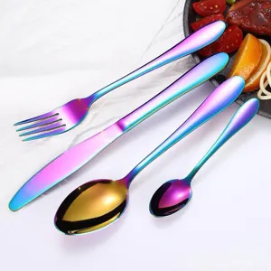 Set di posate in acciaio inossidabile arcobaleno, servizio di 4 pezzi con coltello e cucchiai.