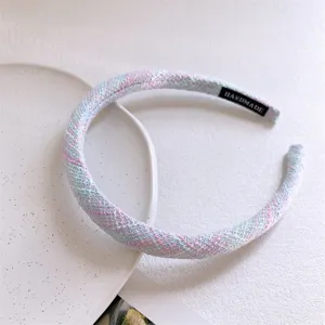 Pastoral style fabric braided headband for women, sweet pink and blue tweed hair hoop.