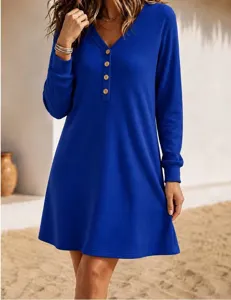 Blue ribbed long sleeve V-neck button casual knit dress for women autumn fashion