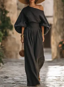 Chic off-the-shoulder top and high-waisted wide-leg pants set for women, elegant fashion style.
