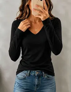 Women casual solid color V-neck long sleeve t-shirt, versatile basic top for daily wear.