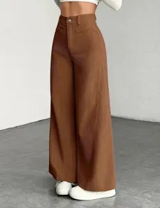 Ribfluwelen broek wijde pijp detailzicht, hoge taille design, comfortabele casual textuur.