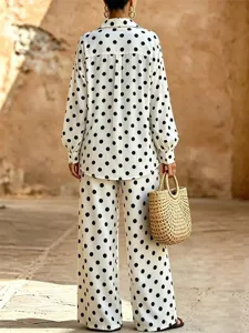 Ensemble pantalon chic à pois noirs et blancs pour femme chemise à manches longues