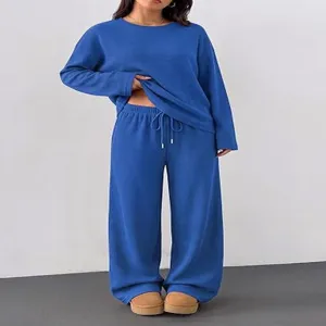 Women casual long sleeve crewneck top and wide leg pants lounge set autumn winter daily wear