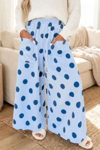 Womens polka dot wide leg casual pants with pockets high waist loose lounge trousers detail