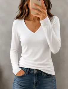 Close-up view of the casual solid color V-neck long sleeve top worn by model.