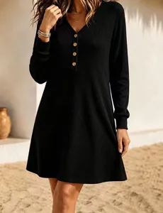Black long sleeve ribbed knit dress with V-neck and button details for women casual wear.