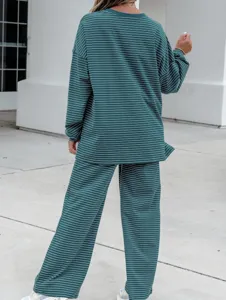 Green striped long sleeve loungewear set for women, cozy casual two piece outfit.
