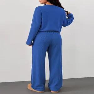 Blue long sleeve crewneck top wide leg pants loungewear set for women autumn winter.